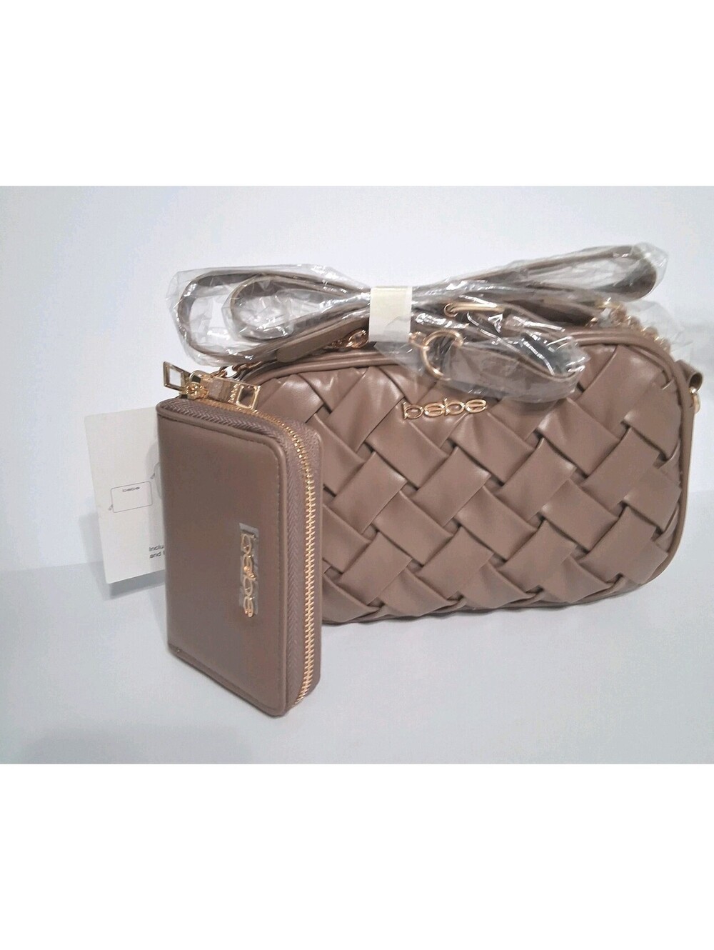Bebe Luca Camera Bag, Woven Design, + Coin Purse, Taupe NWT